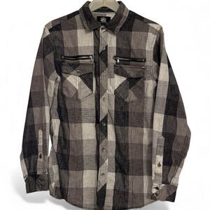 Rock‎ & Republic Buffalo Plaid Black White Roll Tab Long Sleeve Shirt Mens Small